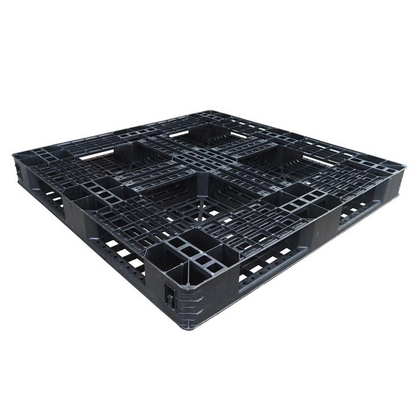 1100x1100x120mm plastic export pallet - stacked showing forklift entry